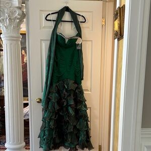 Halter Emerald Green Ruffled Prom Dress with Beaded Accents